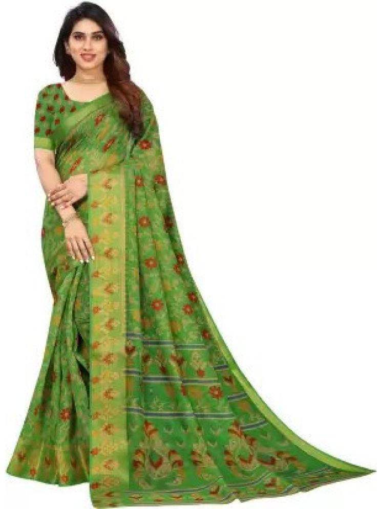     			THE PRIVATE LABLE Cotton Silk Printed Saree Without Blouse Piece - Green ( Pack of 1 )