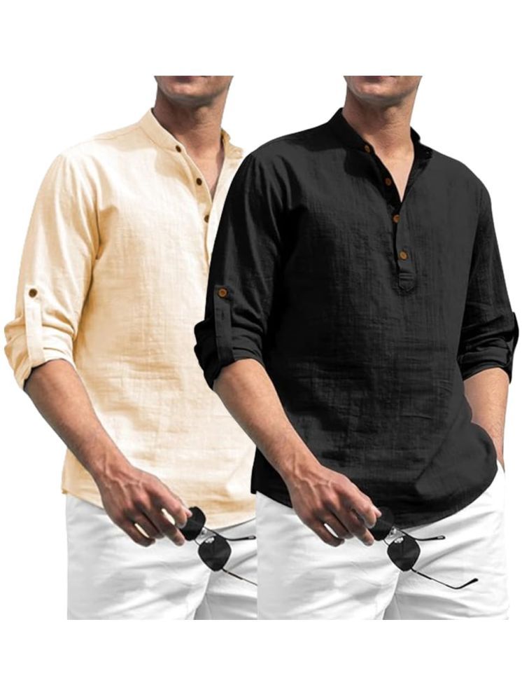     			UNI VIBE Beige Cotton Men's Shirt Style Kurta ( Pack of 2 )