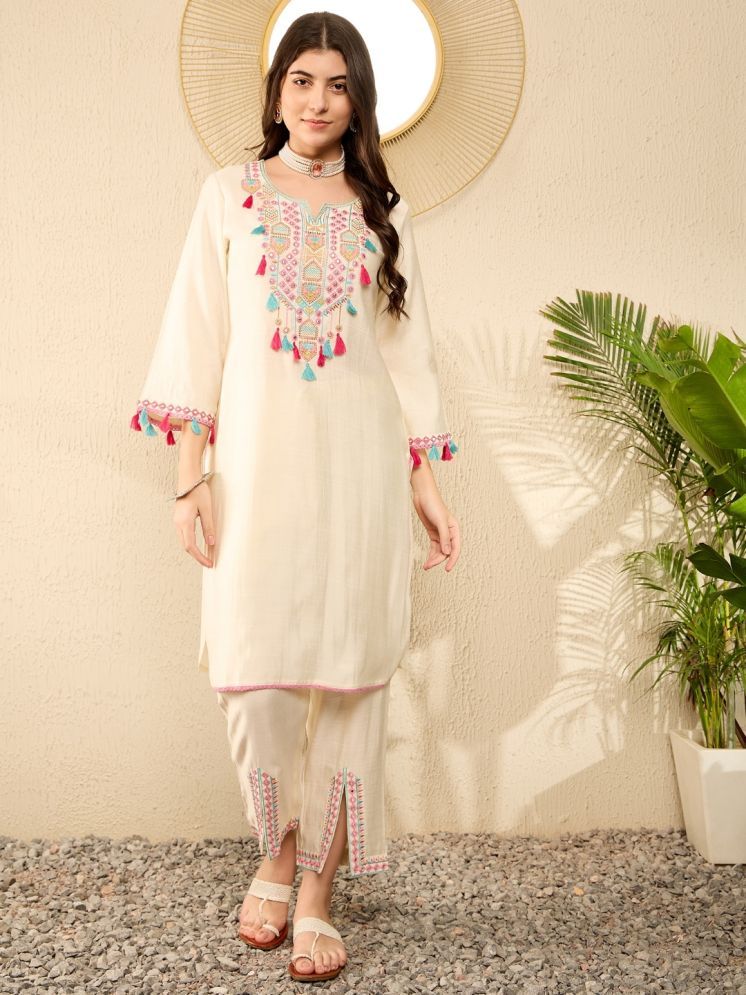     			Vaamsi Viscose Embroidered Kurti With Pants Women's Stitched Salwar Suit - Off White ( Pack of 1 )