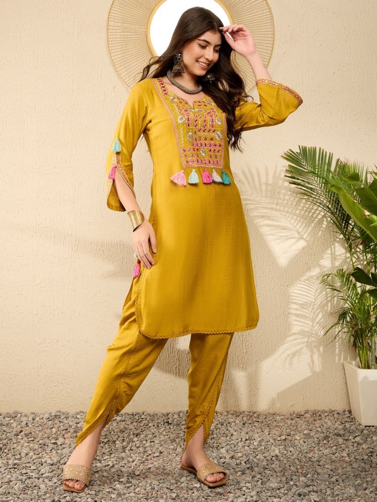     			Vaamsi Viscose Embroidered Kurti With Dhoti Pants Women's Stitched Salwar Suit - Mustard ( Pack of 1 )