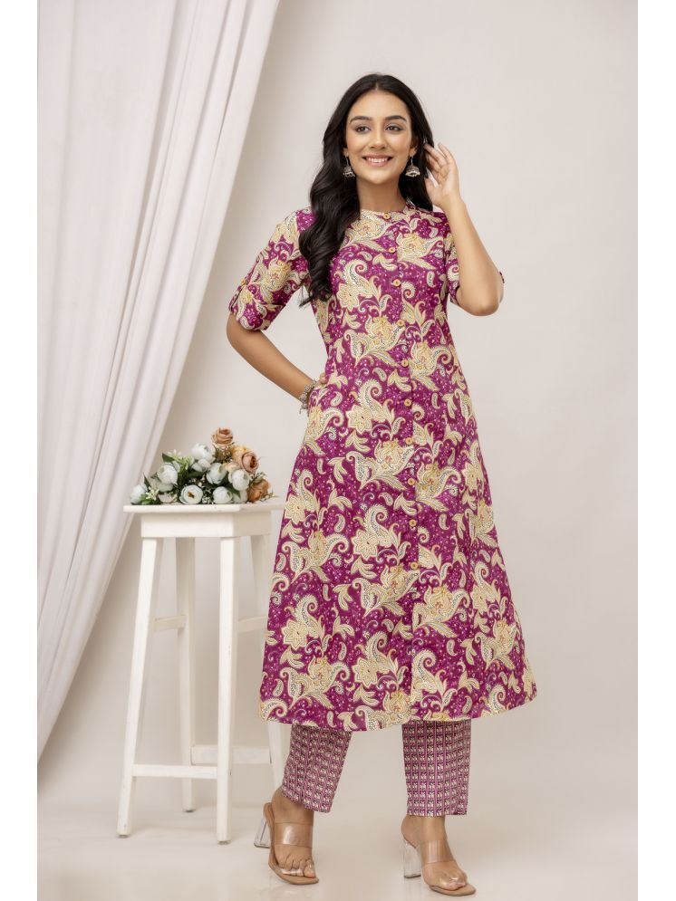     			Kohsh Cotton Printed Kurti With Pants Women's Stitched Salwar Suit - Purple ( Pack of 1 )