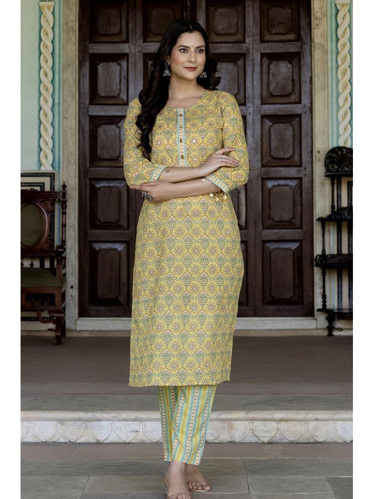     			Kohsh Cotton Printed Kurti With Pants Women's Stitched Salwar Suit - Yellow ( Pack of 1 )