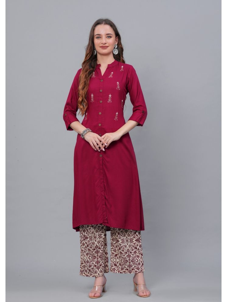     			MAUKA Rayon Embroidered Kurti With Palazzo Women's Stitched Salwar Suit - Maroon ( Pack of 1 )