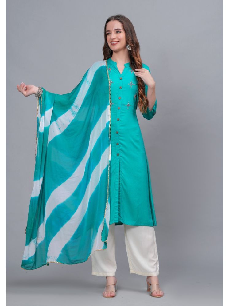     			MAUKA Rayon Embroidered Kurti With Palazzo Women's Stitched Salwar Suit - Turquoise ( Pack of 1 )