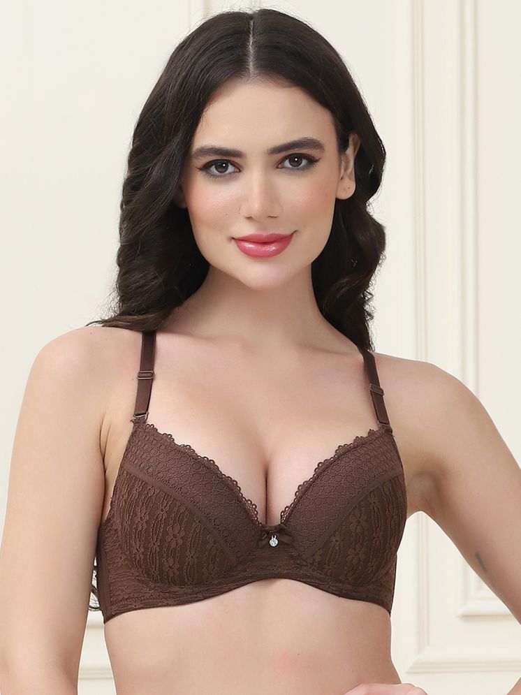     			PrettyCat Pack of 1 Lace Lightly Padded Women's T-Shirt Bra ( Brown ) PC-BR-7048-BRN