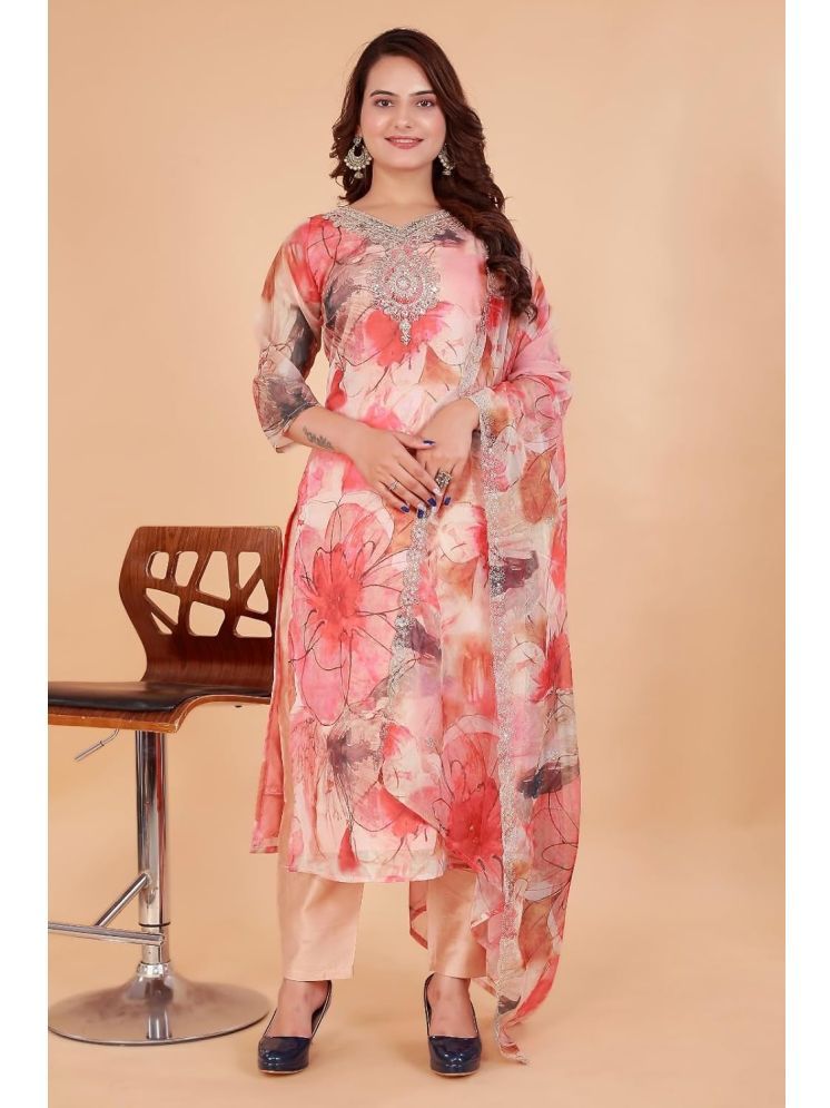     			SAREEKART FAB Organza Printed Kurti With Pants Women's Stitched Salwar Suit - Orange ( Pack of 1 )