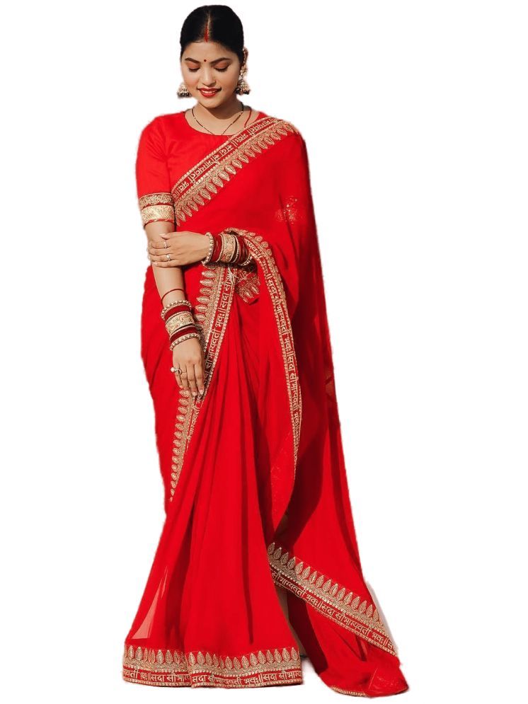     			Sidhidata Georgette Embroidered Saree With Blouse Piece - Red ( Pack of 1 )