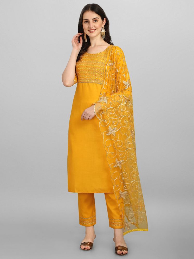     			VredeVogel Cotton Embroidered Kurti With Pants Women's Stitched Salwar Suit - Yellow ( Pack of 1 )