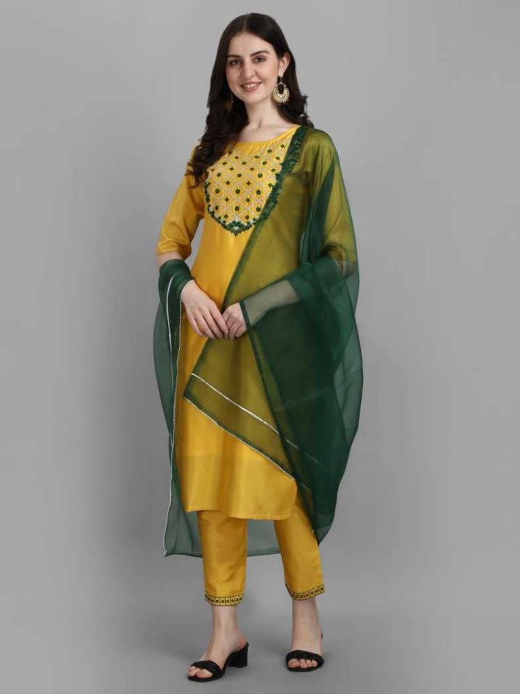     			VredeVogel Silk Blend Embroidered Kurti With Pants Women's Stitched Salwar Suit - Yellow ( Pack of 1 )