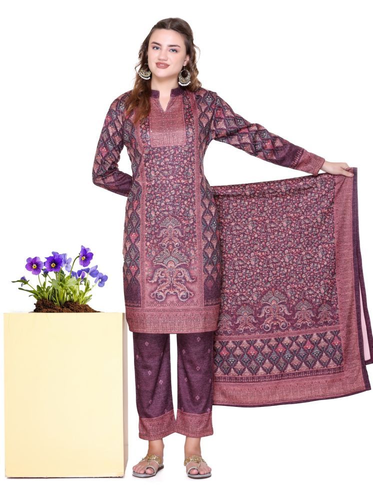     			MELVIN Woollen Printed Kurti With Pants Women's Stitched Salwar Suit - Purple ( Pack of 1 )