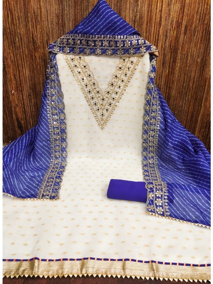     			ALSHOP Unstitched Chanderi Embellished Dress Material - White,Blue ( Pack of 1 )