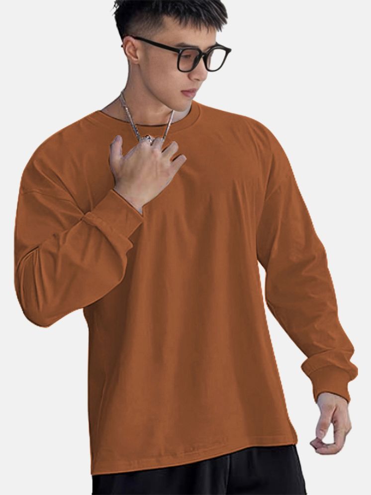     			Chkokko Cotton Blend Oversized Fit Solid Full Sleeves Men's Round T-Shirt - Brown ( Pack of 1 )