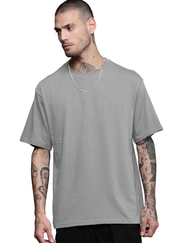     			Leotude Cotton Blend Oversized Fit Solid Half Sleeves Men's Round T-Shirt - Grey ( Pack of 1 )