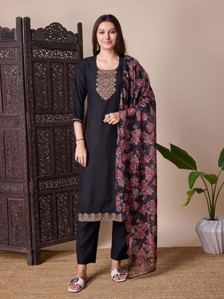     			SUAAC Silk Blend Embroidered Kurti With Pants Women's Stitched Salwar Suit - Black ( Pack of 1 )