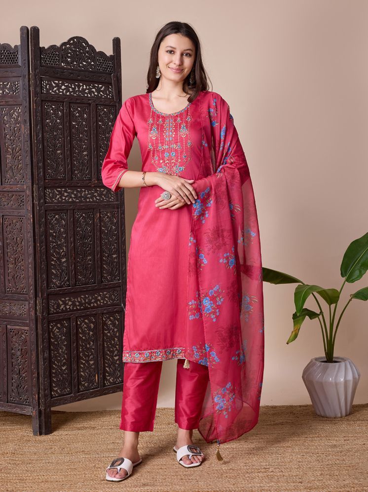     			SUAAC Silk Blend Embroidered Kurti With Pants Women's Stitched Salwar Suit - Pink ( Pack of 1 )