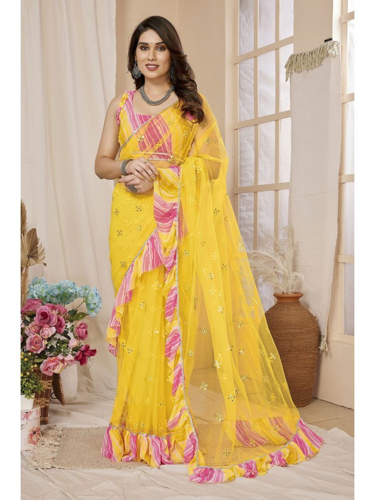     			Gazal Fashions Net Embroidered Saree With Blouse Piece - Yellow ( Pack of 1 )