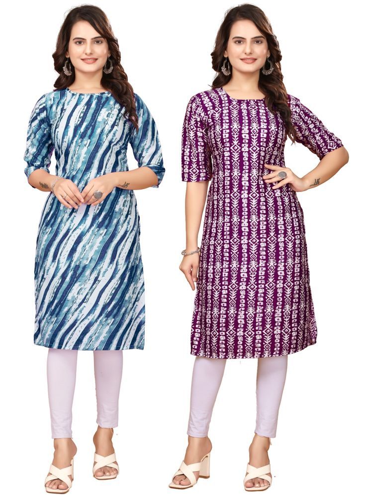     			KHODAL KRUPA CRETION Crepe Printed Straight Women's Kurti - Blue,Maroon ( Pack of 2 )