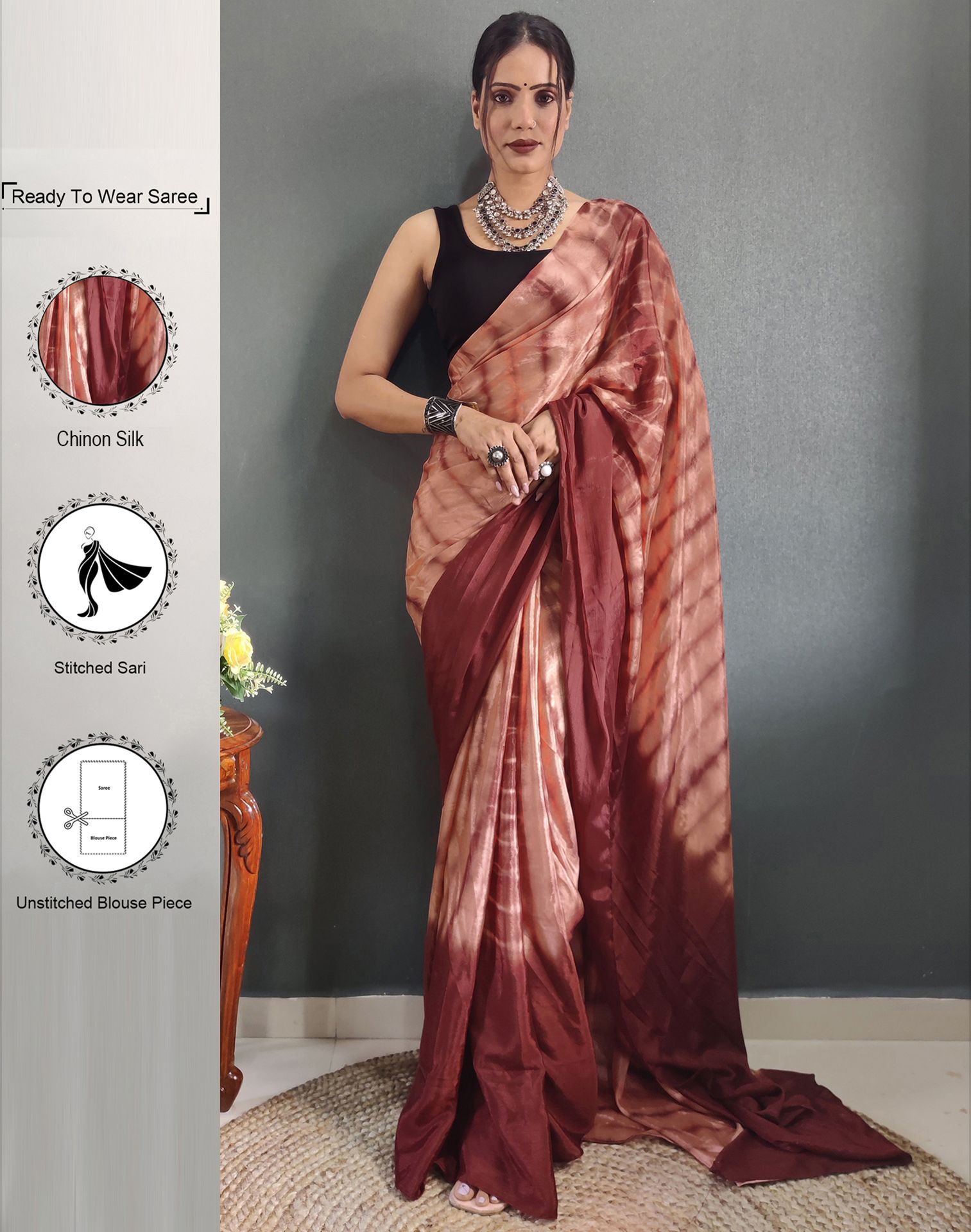     			Samah Chiffon Printed Saree With Blouse Piece - Peach ( Pack of 1 )