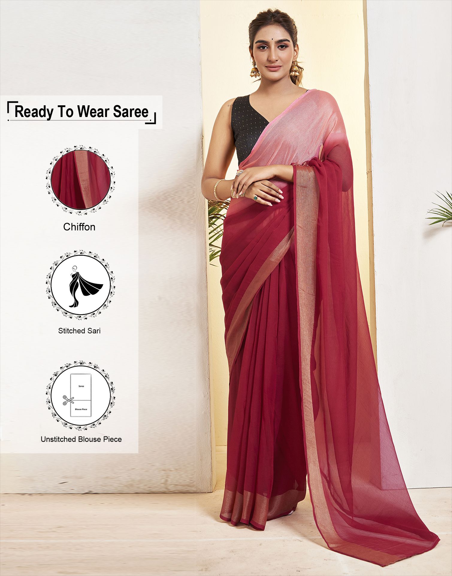     			Samah Chiffon Solid Saree With Blouse Piece - Maroon ( Pack of 1 )