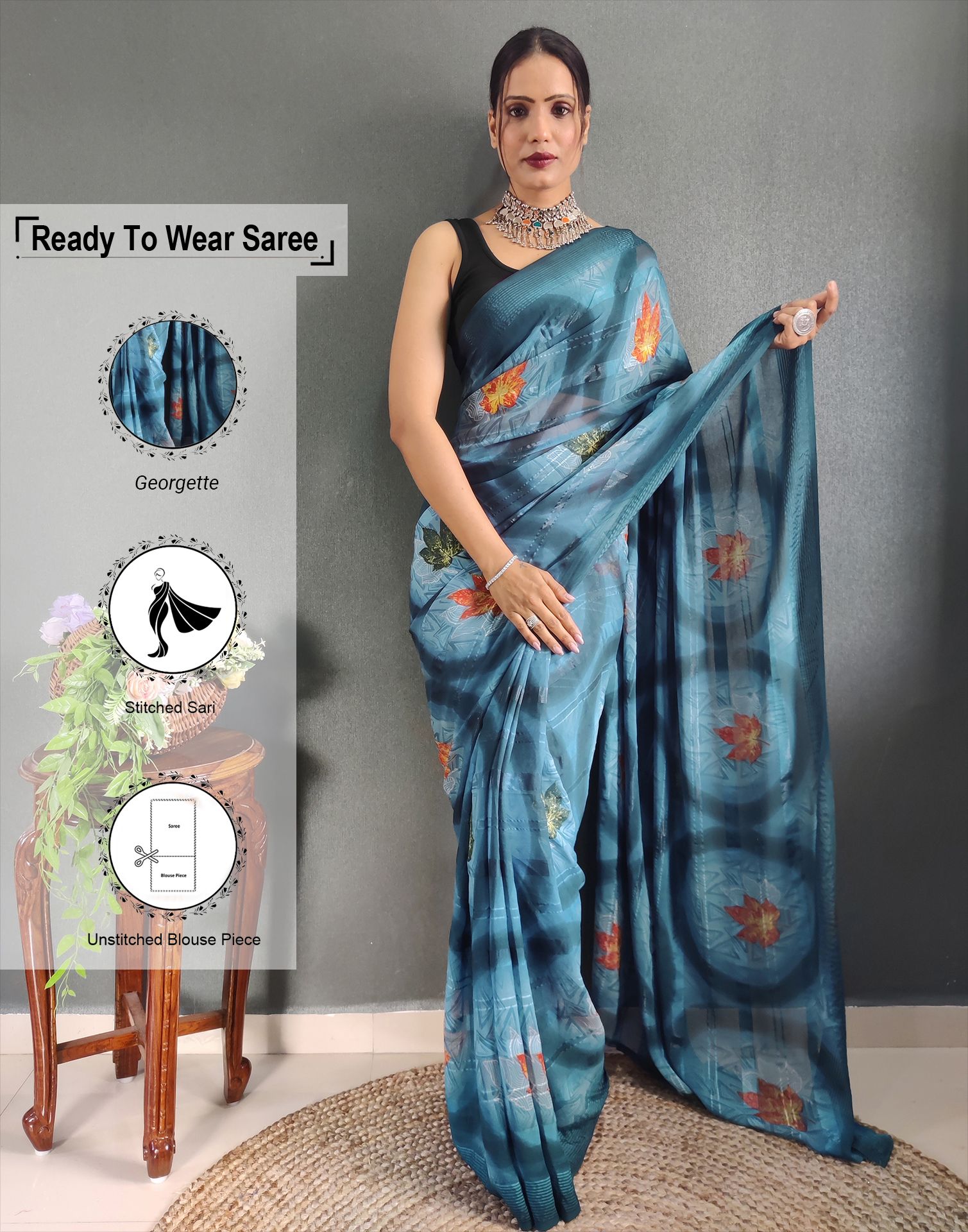     			Samah Georgette Printed Saree With Blouse Piece - LightBLue ( Pack of 1 )