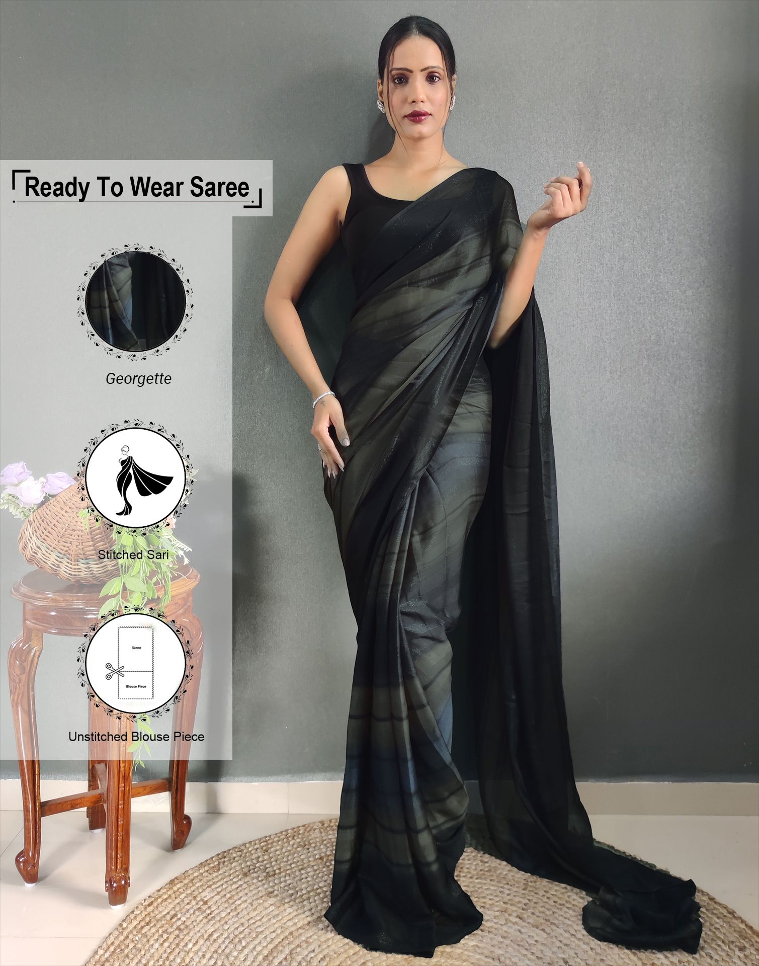     			Samah Georgette Printed Saree With Blouse Piece - Black ( Pack of 1 )