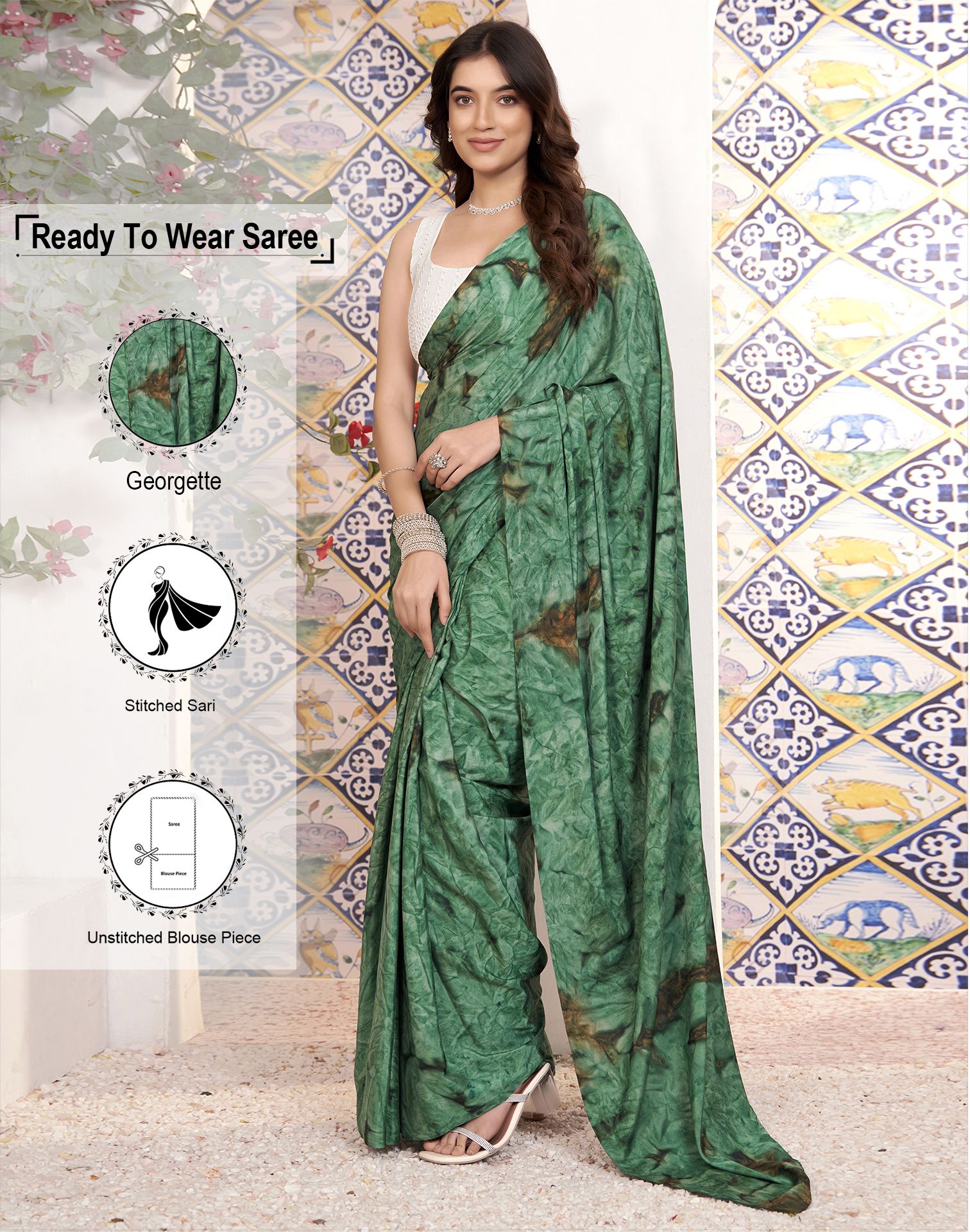     			Samah Georgette Printed Saree With Blouse Piece - Green ( Pack of 1 )