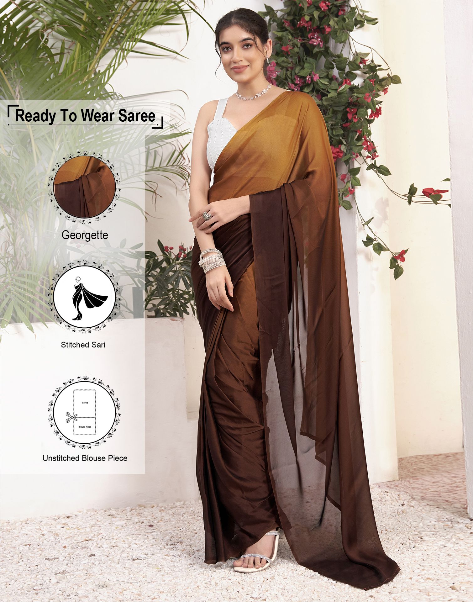     			Samah Georgette Solid Saree With Blouse Piece - Coffee ( Pack of 1 )