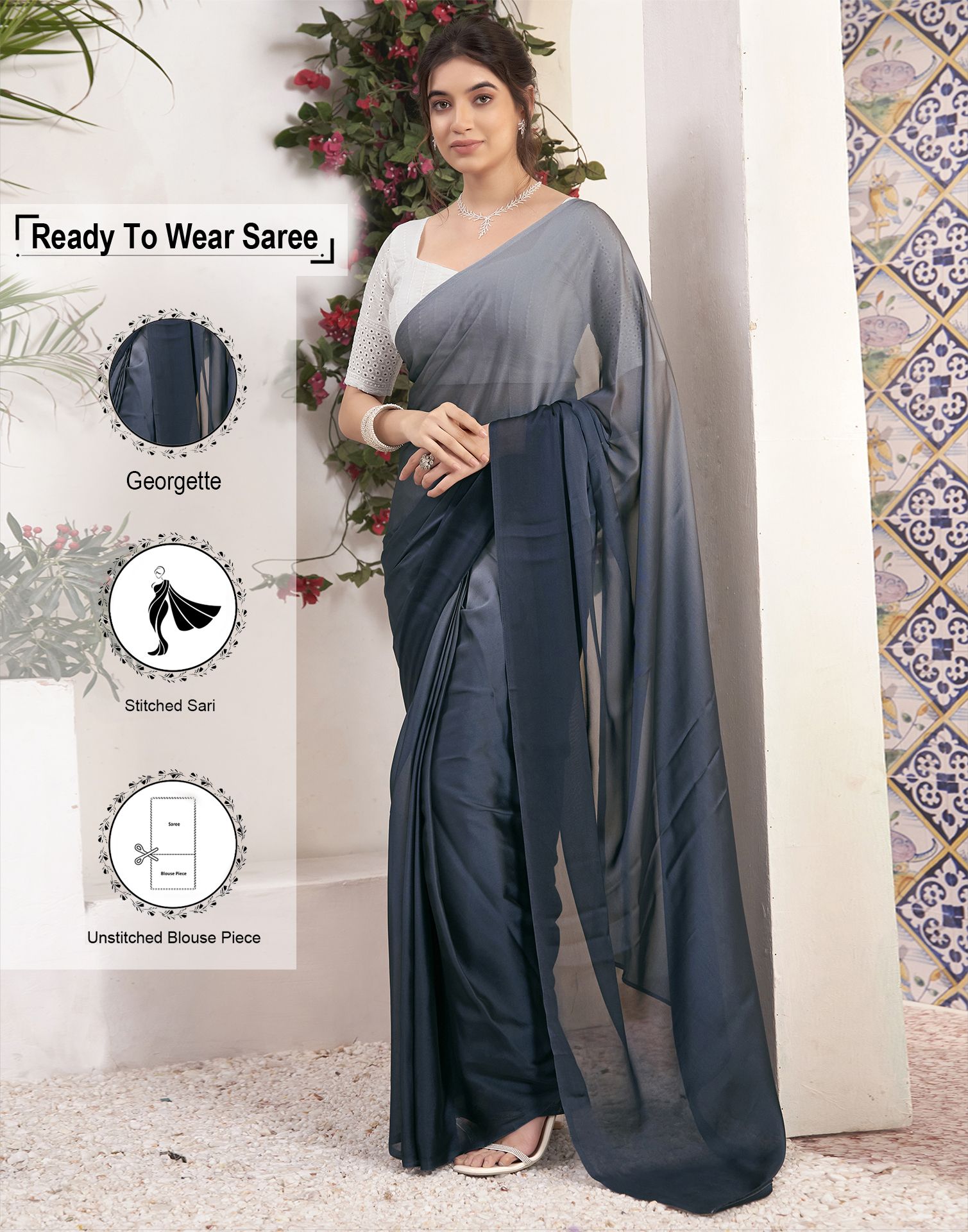     			Samah Georgette Solid Saree With Blouse Piece - Blue ( Pack of 1 )