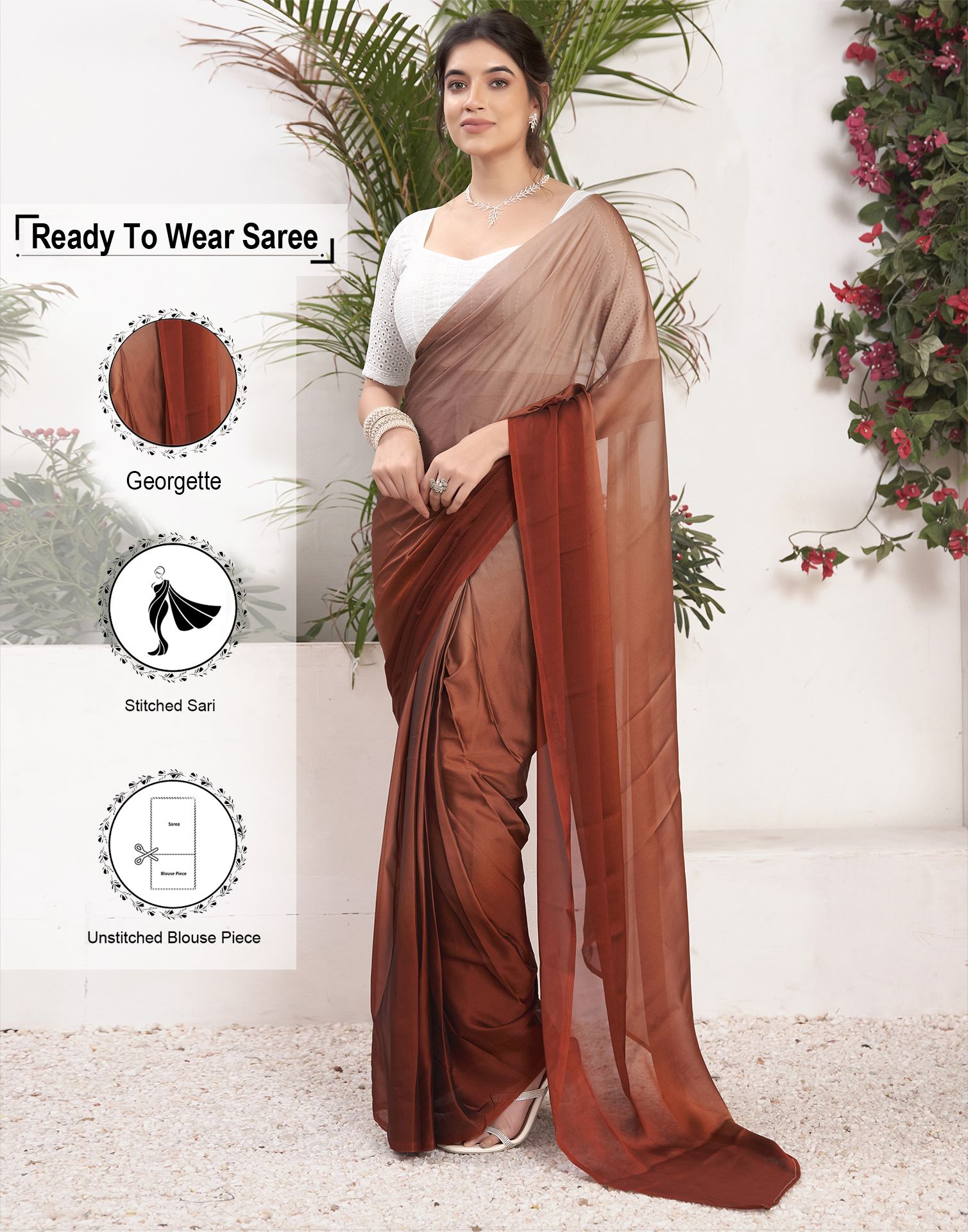     			Samah Georgette Solid Saree With Blouse Piece - Brown ( Pack of 1 )