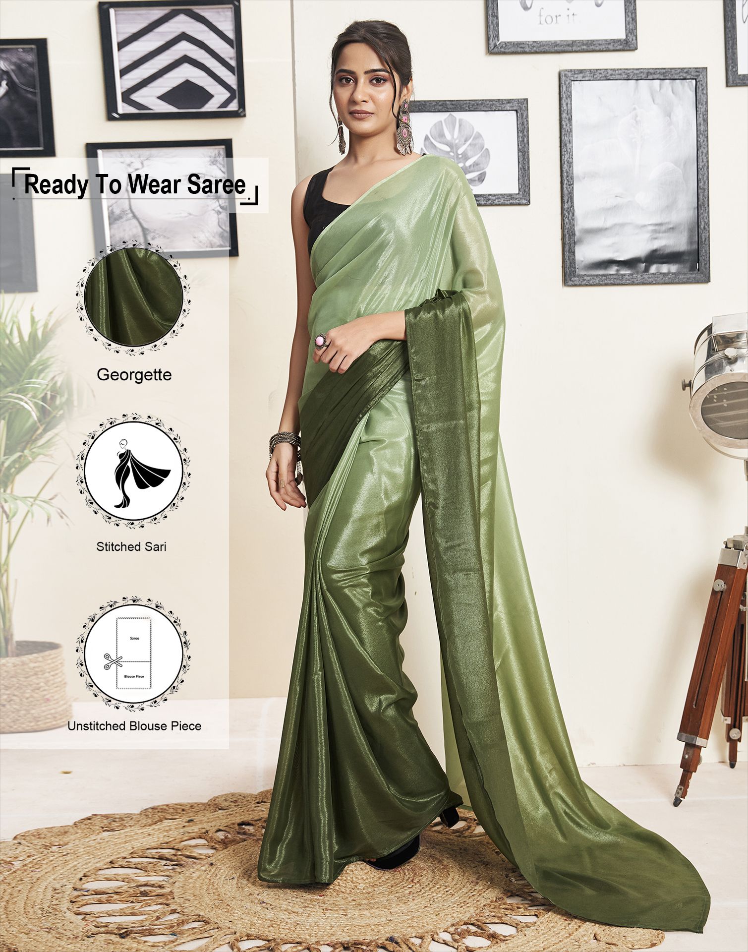     			Samah Georgette Solid Saree With Blouse Piece - Olive ( Pack of 1 )