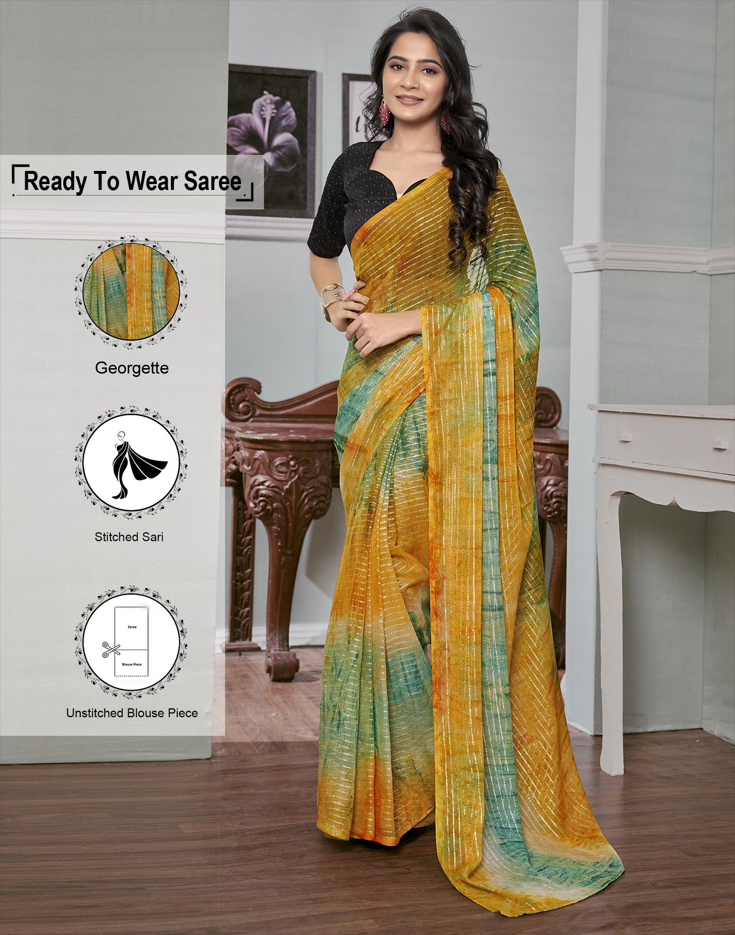     			Samah Georgette Striped Saree With Blouse Piece - Yellow ( Pack of 1 )