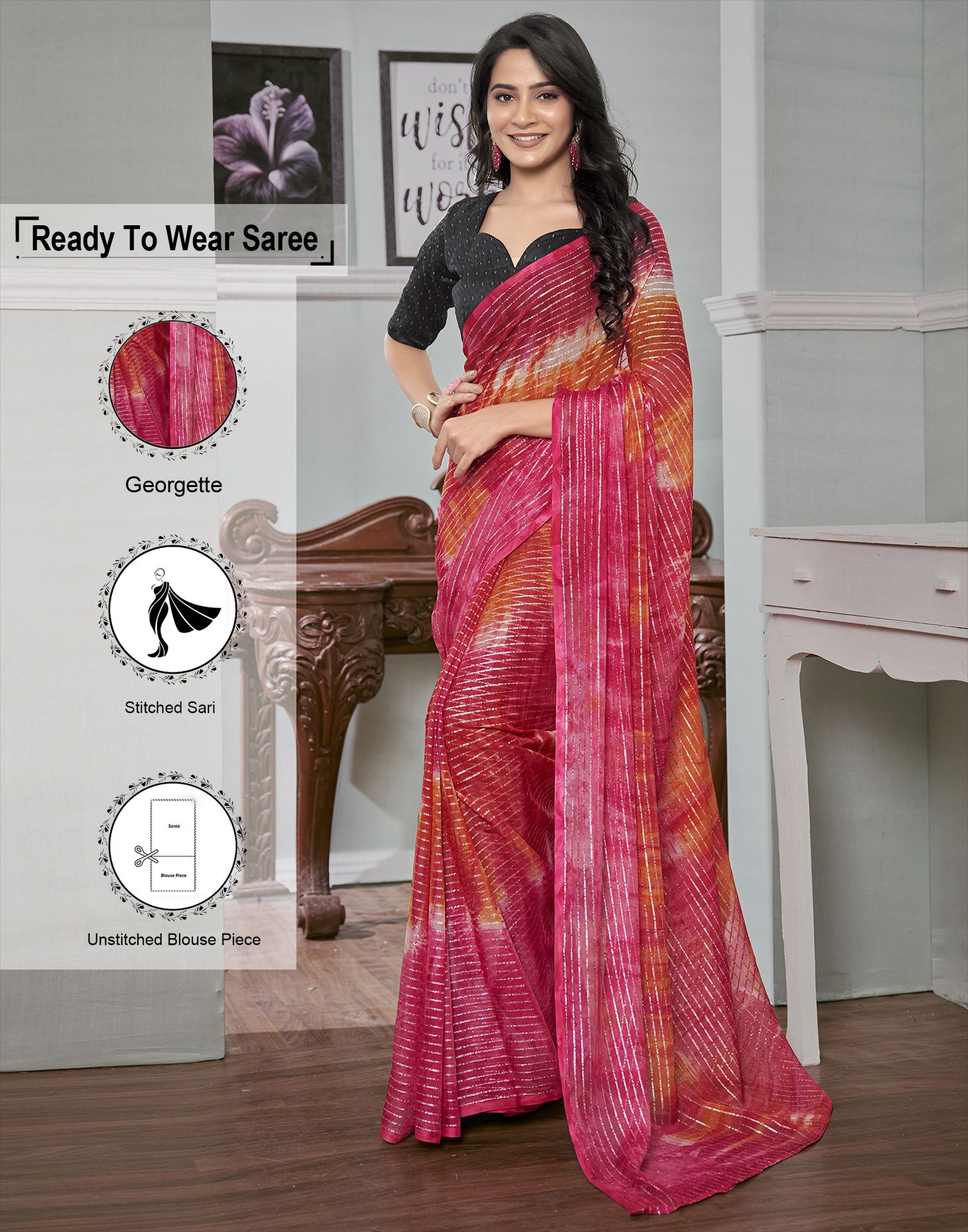     			Samah Georgette Striped Saree With Blouse Piece - Magenta ( Pack of 1 )