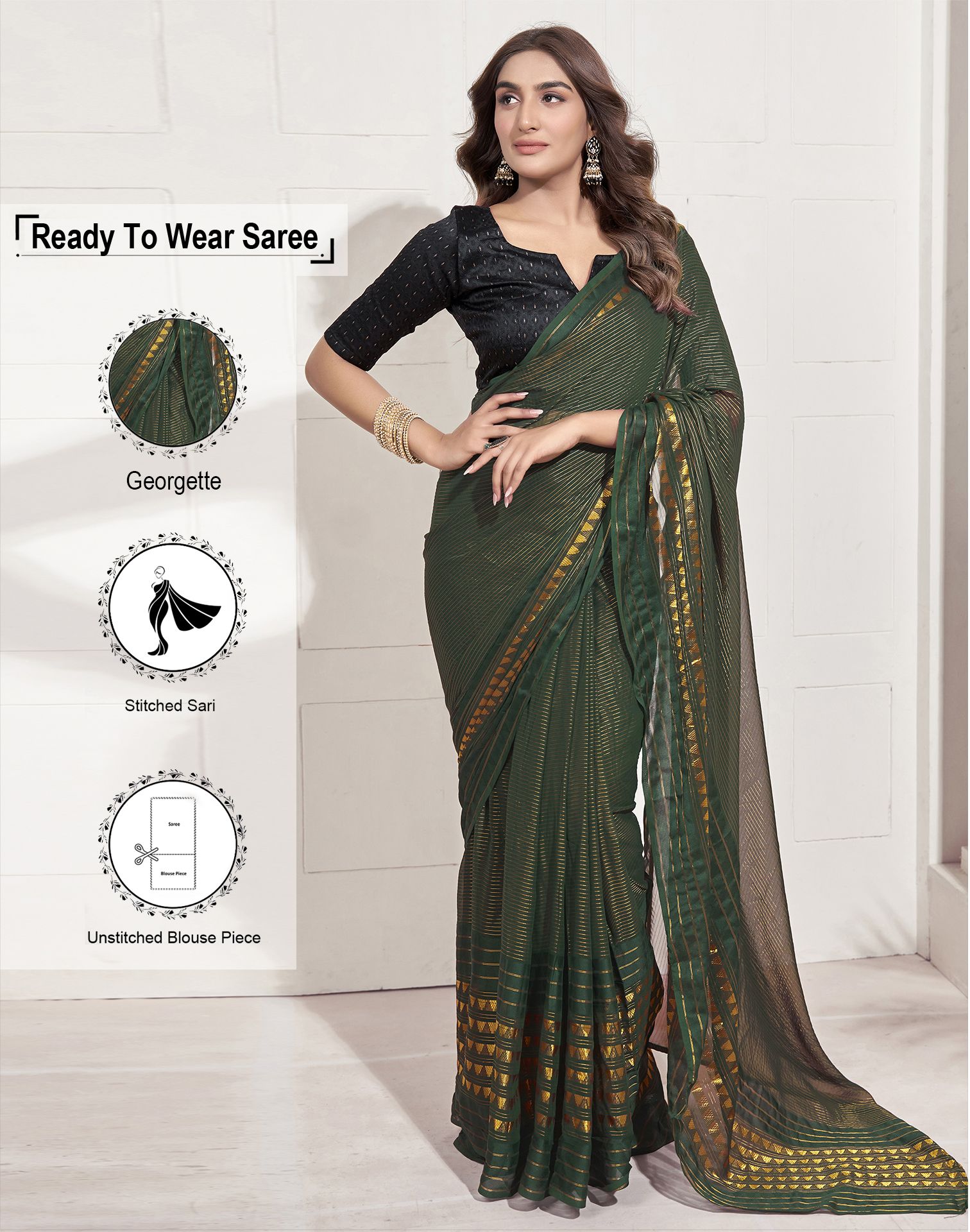     			Samah Georgette Striped Saree With Blouse Piece - Green ( Pack of 1 )