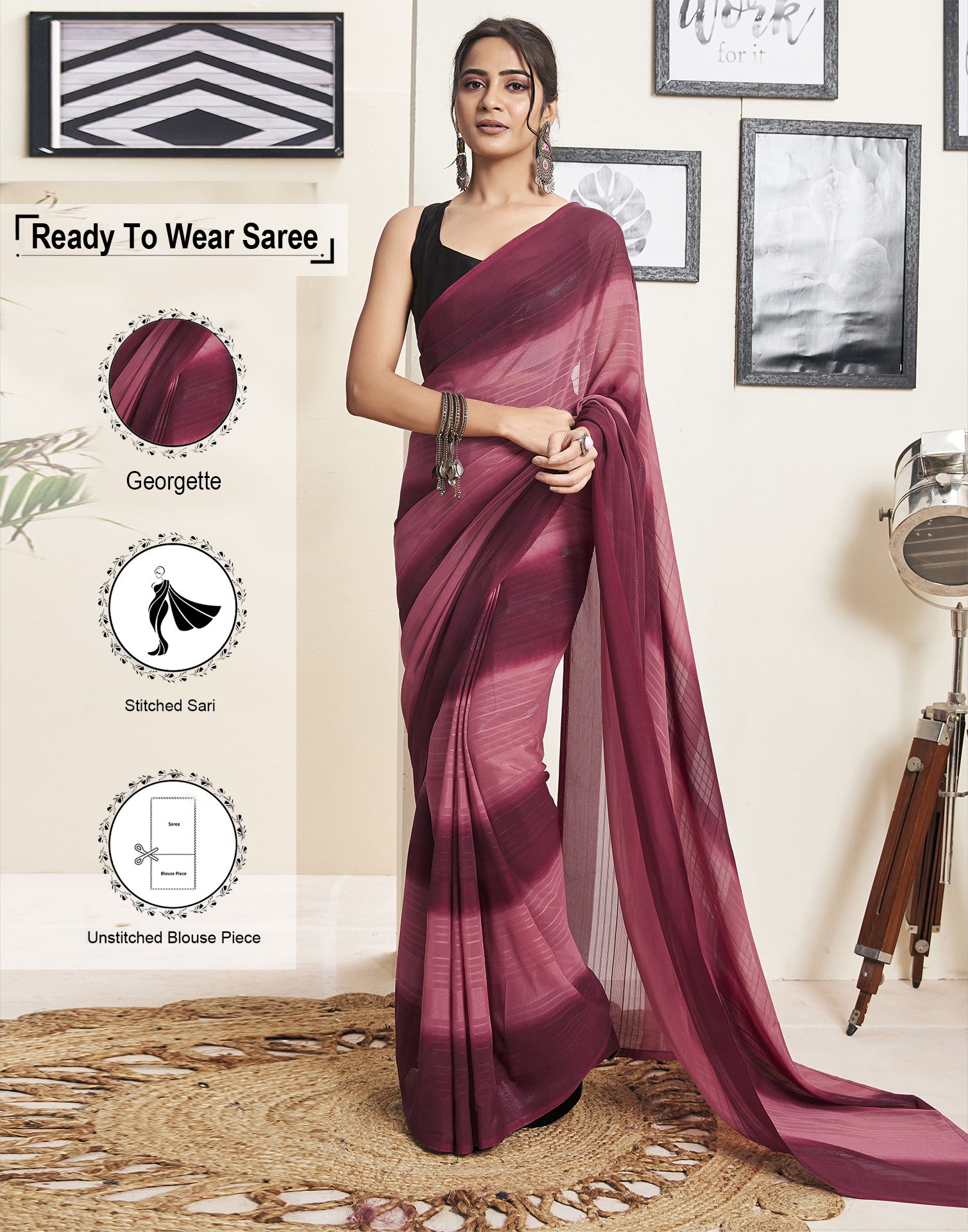     			Samah Georgette Striped Saree With Blouse Piece - Maroon ( Pack of 1 )