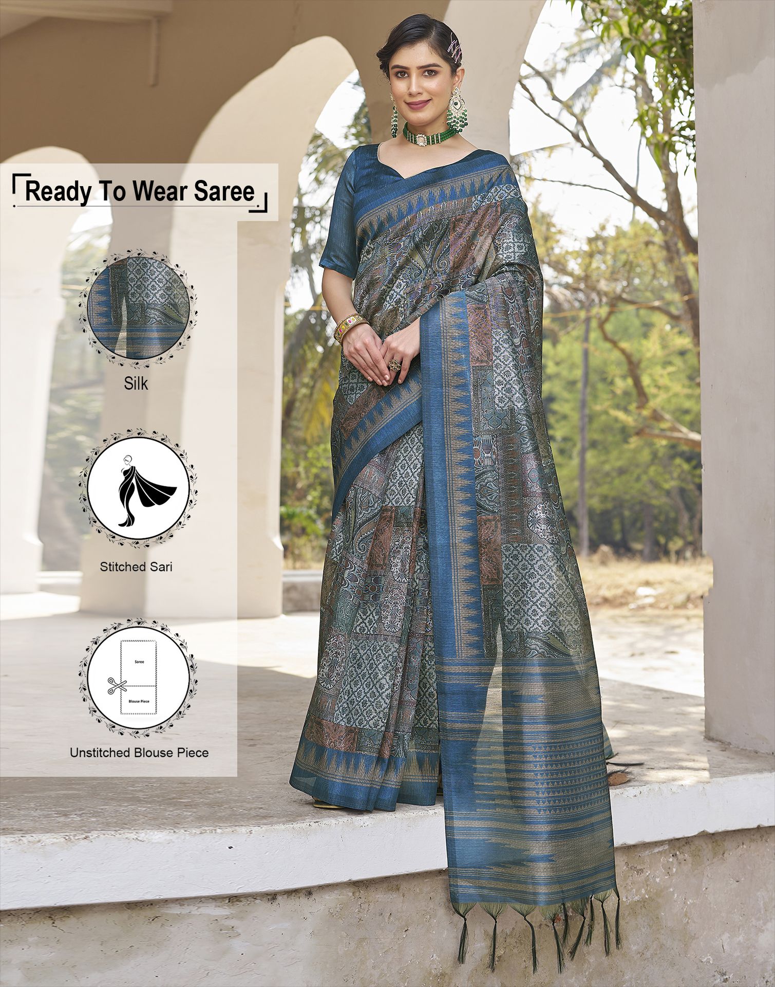     			Samah Silk Printed Saree With Blouse Piece - Blue ( Pack of 1 )