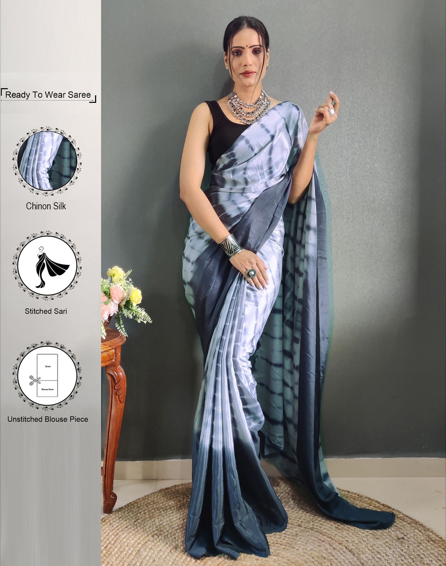     			Satrani Chiffon Printed Saree With Blouse Piece - Grey ( Pack of 1 )