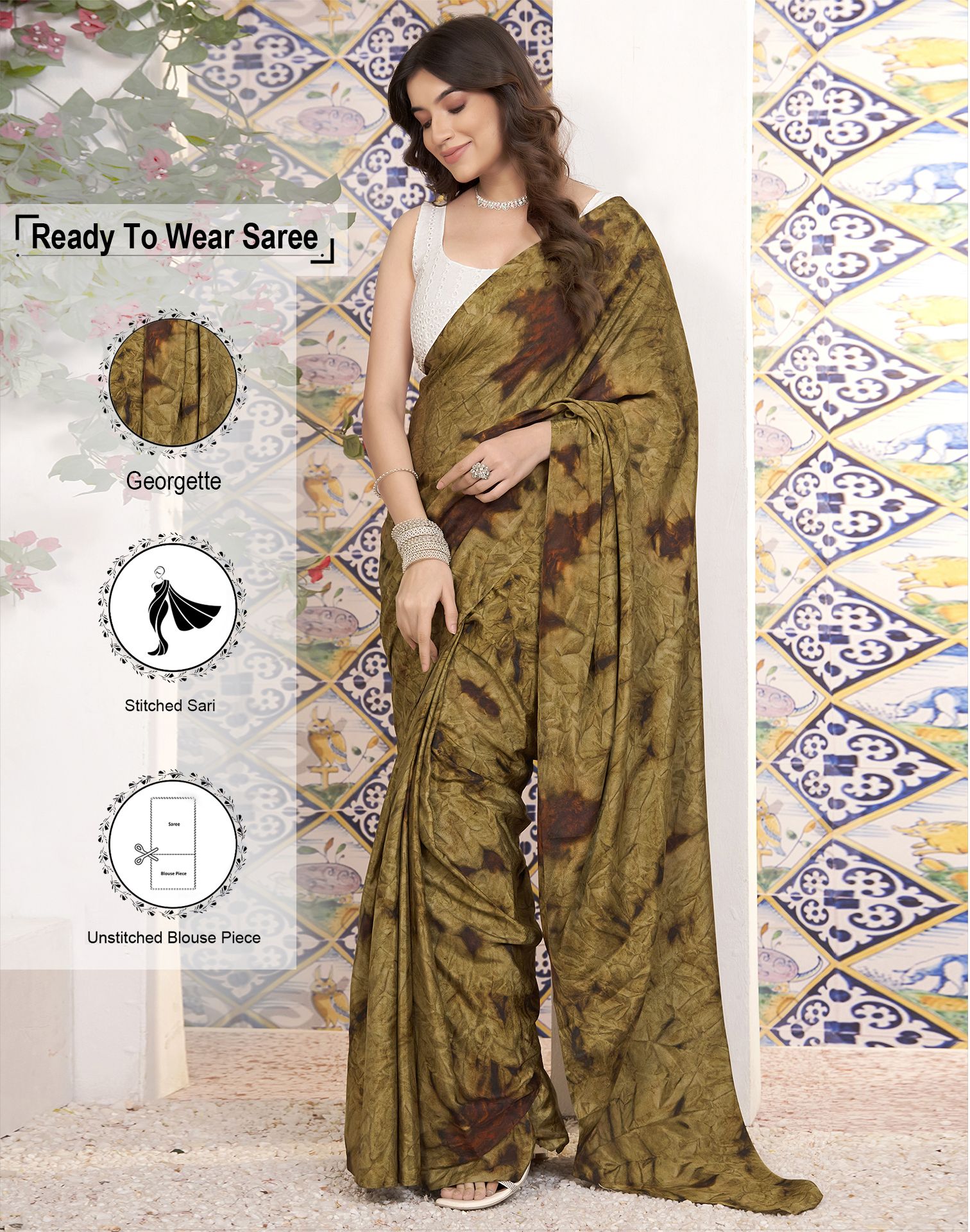     			Satrani Georgette Printed Saree With Blouse Piece - Brown ( Pack of 1 )