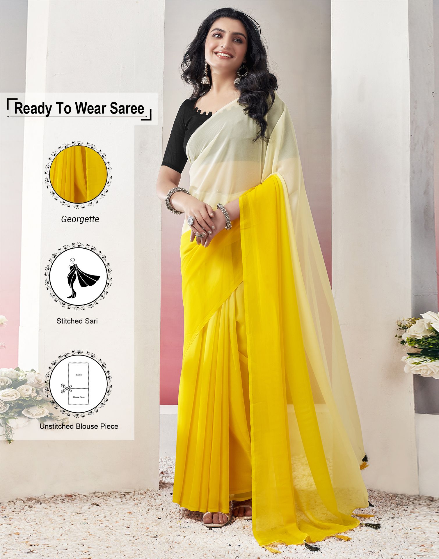     			Satrani Georgette Solid Saree With Blouse Piece - Yellow ( Pack of 1 )