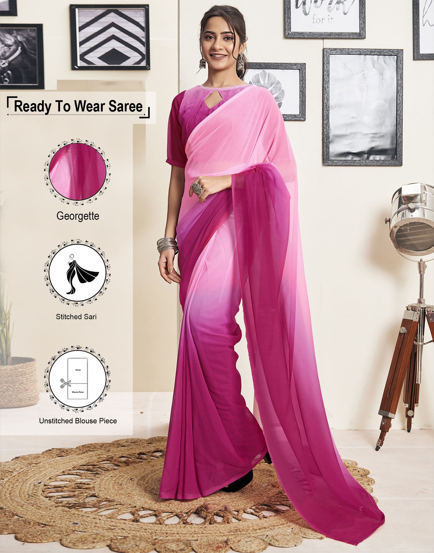     			Satrani Georgette Solid Saree With Blouse Piece - Pink ( Pack of 1 )