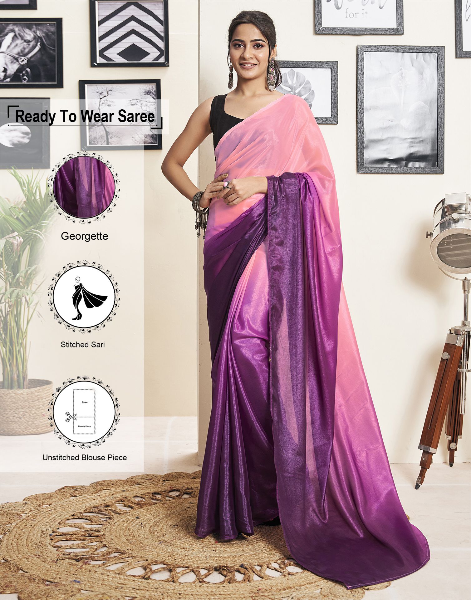     			Satrani Georgette Solid Saree With Blouse Piece - Wine ( Pack of 1 )