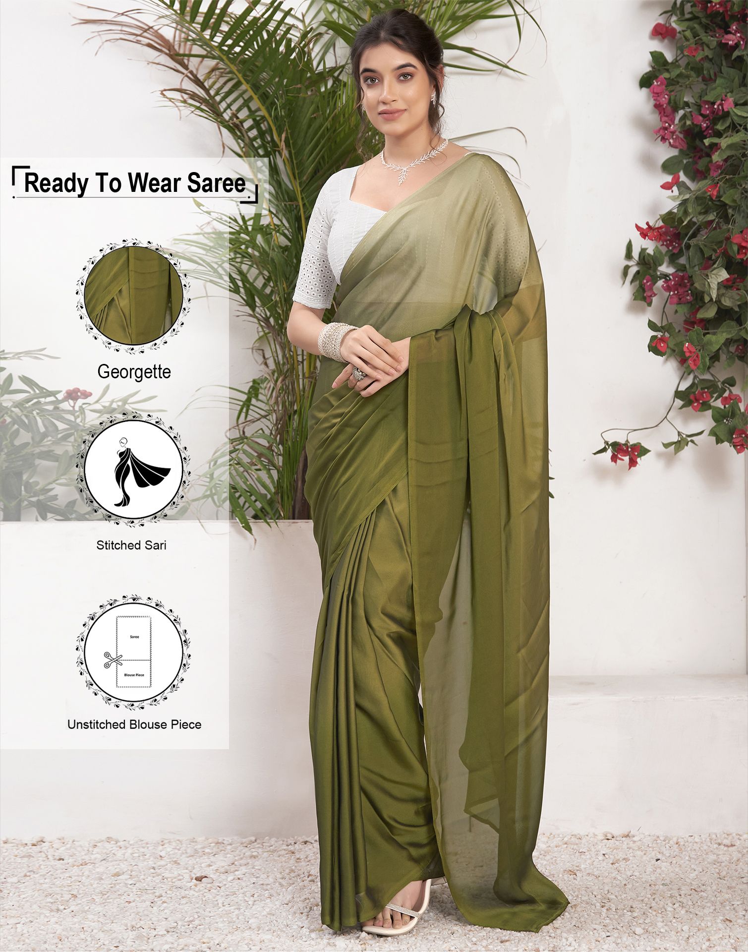     			Satrani Georgette Solid Saree With Blouse Piece - Olive ( Pack of 1 )