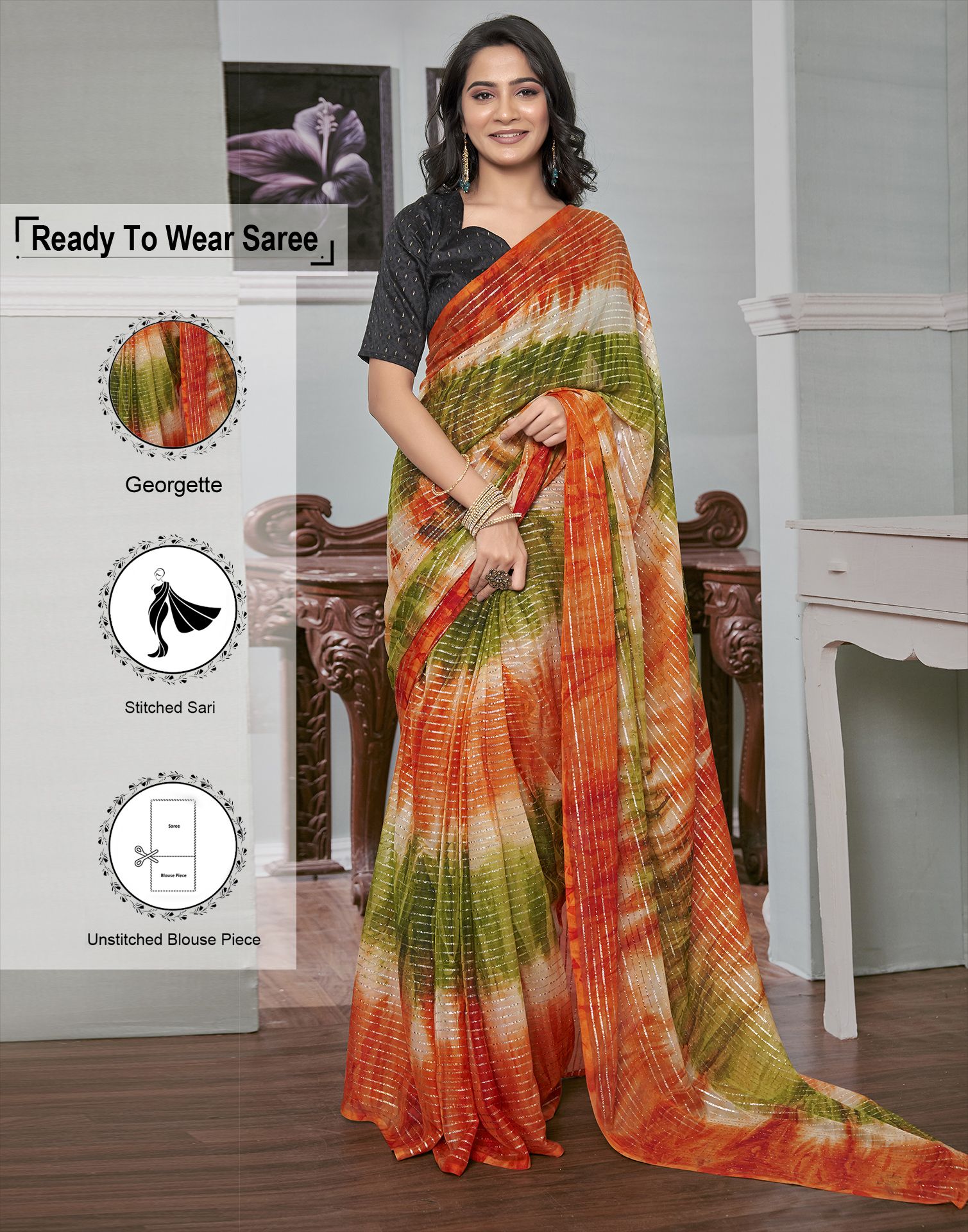     			Satrani Georgette Striped Saree With Blouse Piece - Orange ( Pack of 1 )