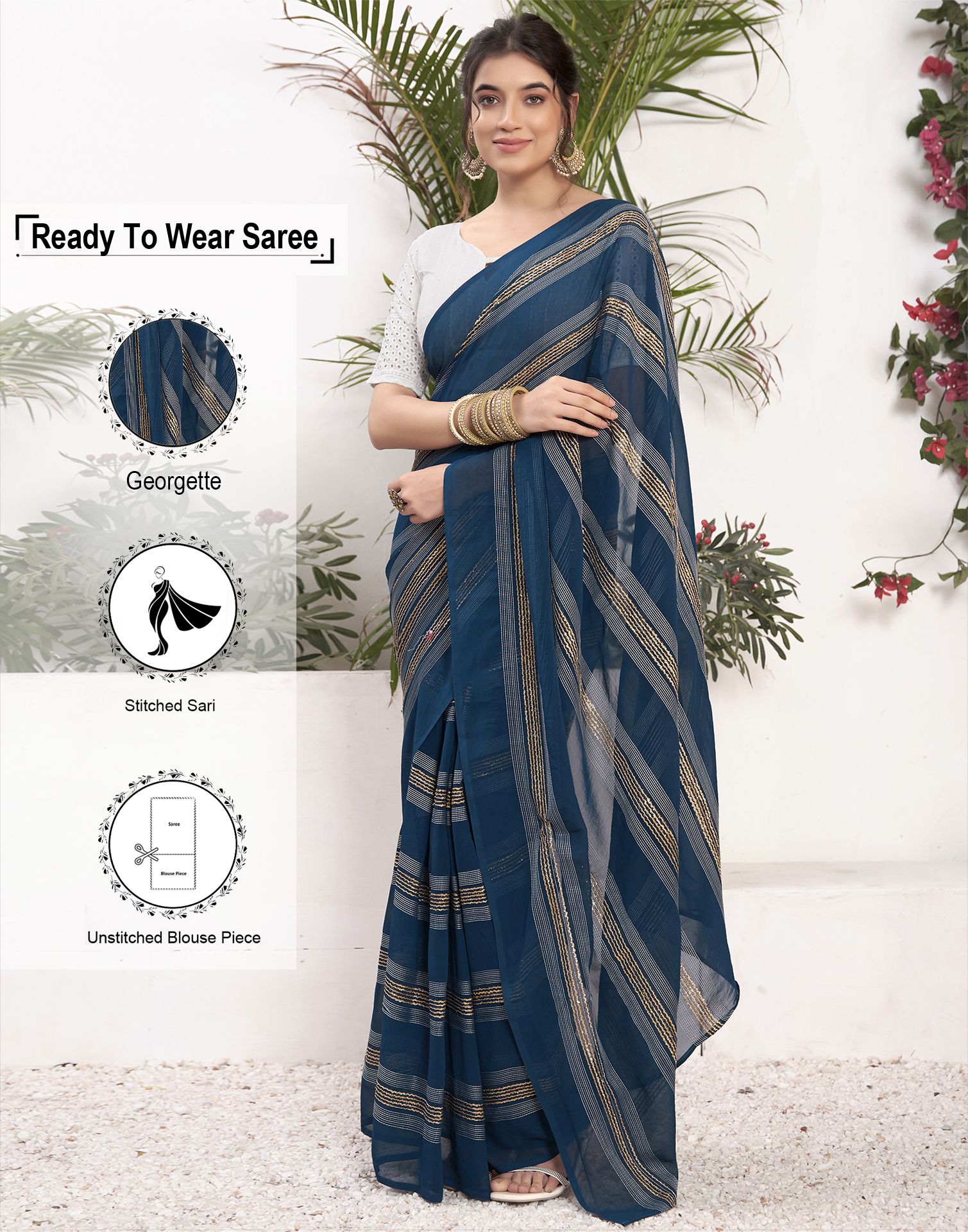     			Satrani Georgette Striped Saree With Blouse Piece - Light Blue ( Pack of 1 )