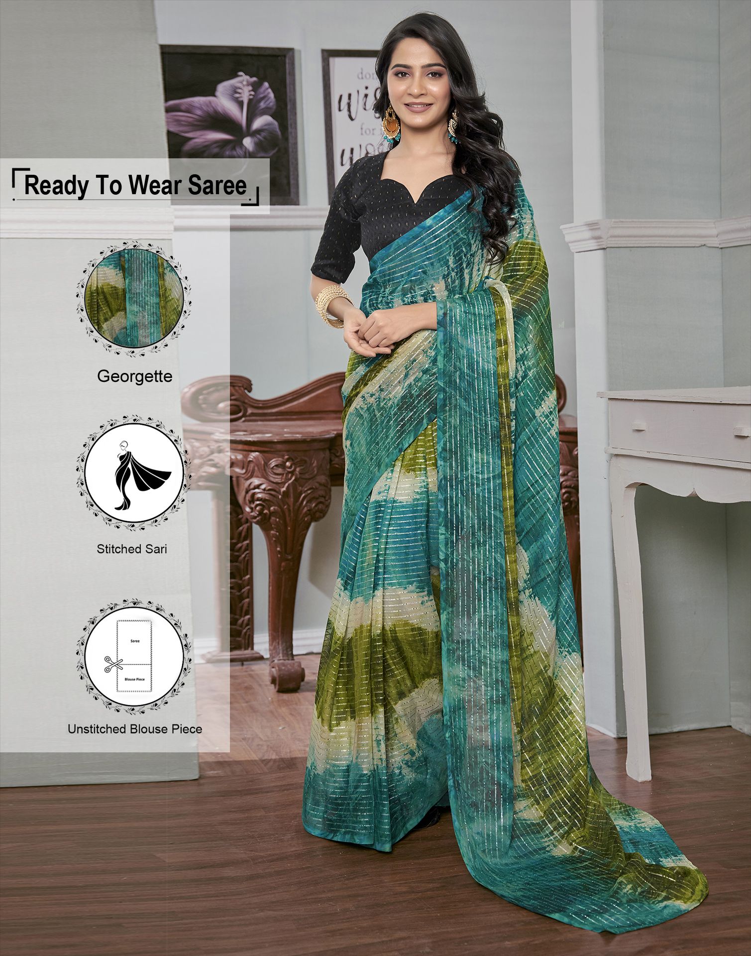     			Satrani Georgette Striped Saree With Blouse Piece - Teal ( Pack of 1 )