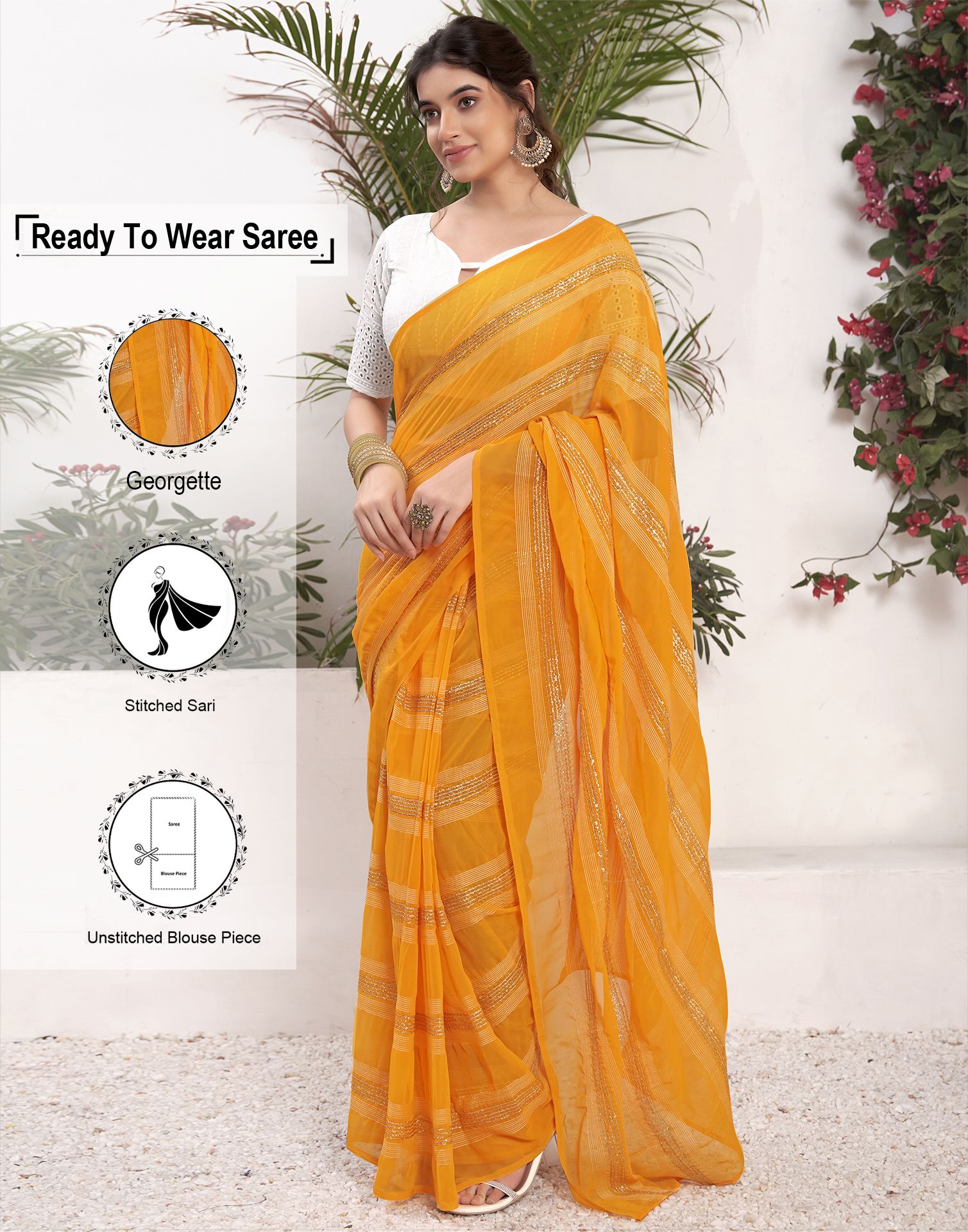     			Satrani Georgette Striped Saree With Blouse Piece - Yellow ( Pack of 1 )