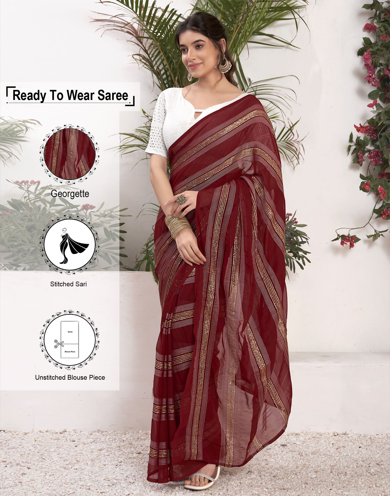     			Satrani Georgette Striped Saree With Blouse Piece - Maroon ( Pack of 1 )