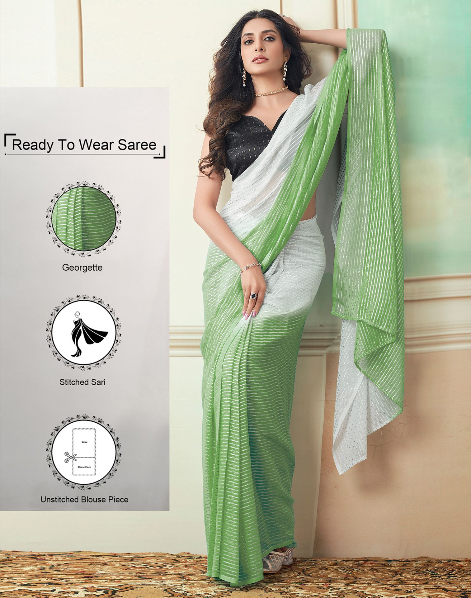     			Satrani Georgette Woven Saree With Blouse Piece - Green ( Pack of 1 )