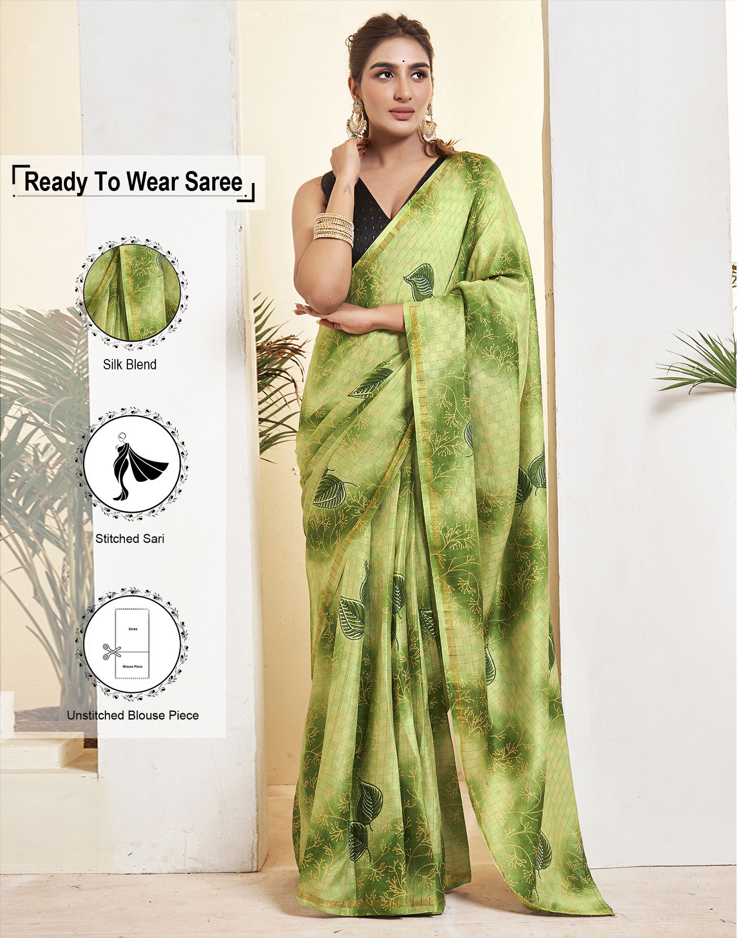     			Satrani Silk Blend Woven Saree With Blouse Piece - Green ( Pack of 1 )