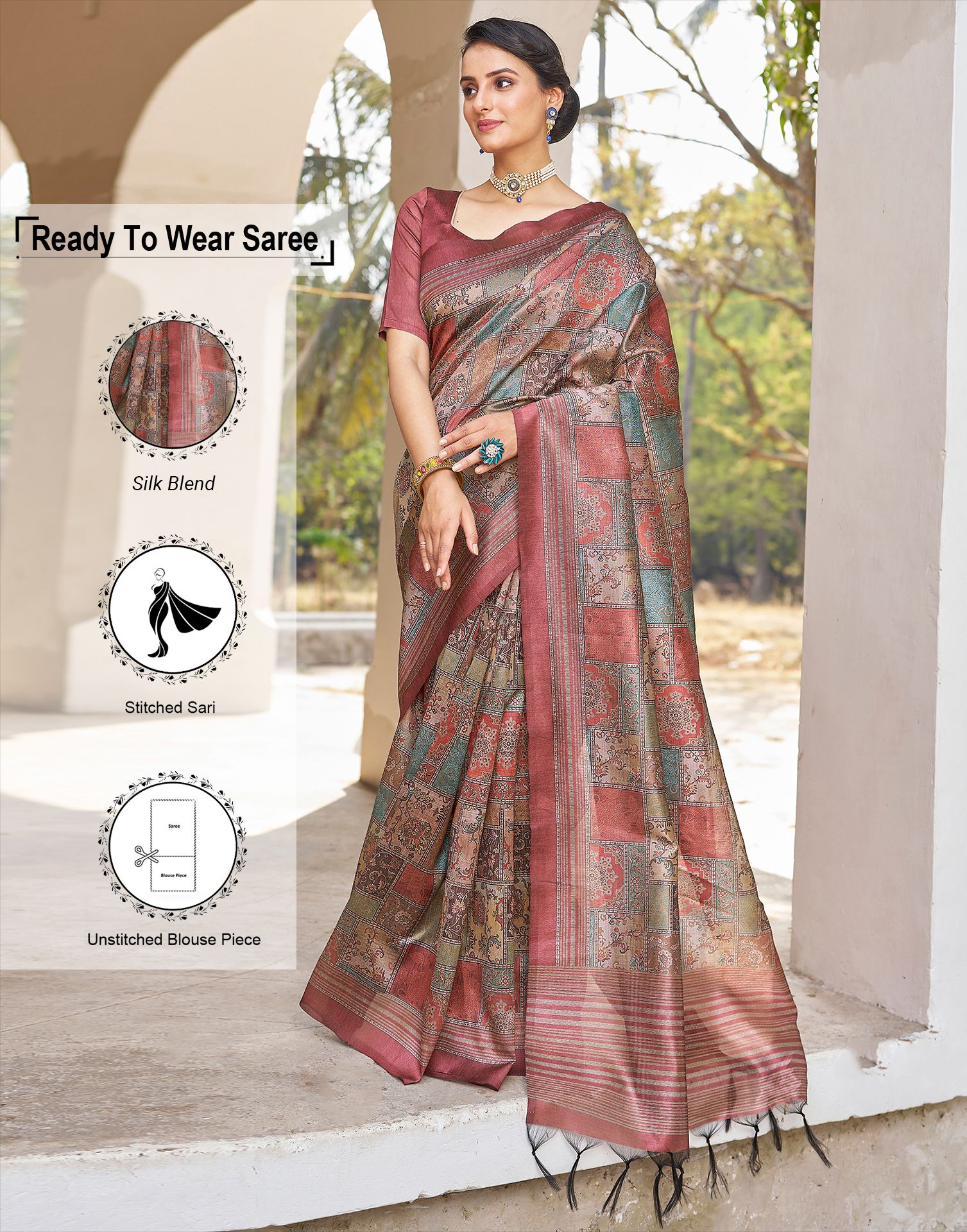     			Satrani Silk Printed Saree With Blouse Piece - Rust ( Pack of 1 )