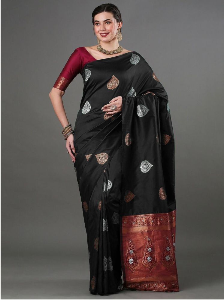     			Vividvibe Banarasi Silk Embroidered Saree With Blouse Piece - Black ( Pack of 1 )